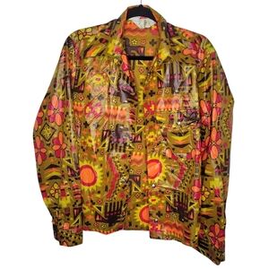 Vintage 70s Neon Psychedelic Print Nylon Long Sleeve Button Down Shirt Size Smal